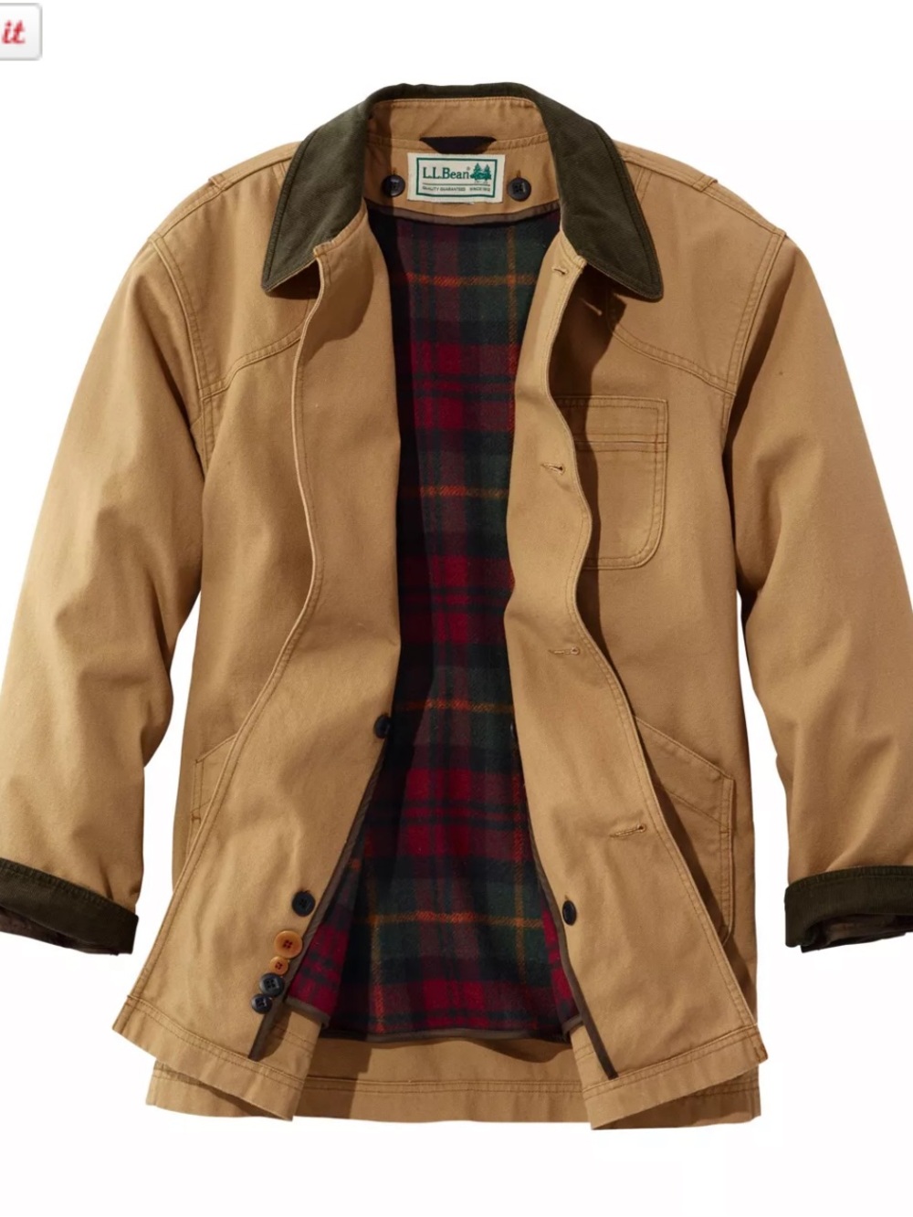 L.L. Bean Tan Canvas Field Jacket with Dark Green Collar, Sz Medium